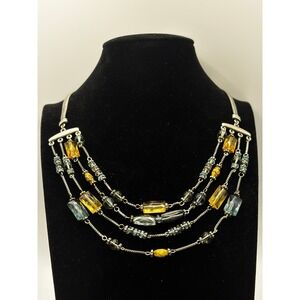 Axcess Liz Claiborne Multi Strand Beaded Necklace Amber Teal Silver Tone 15"